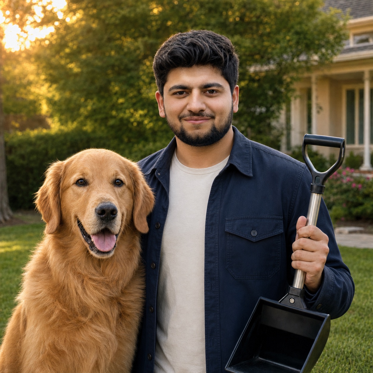 A local pet-waste removal operator standing with a golden retriever and scoop in a clean backyard
